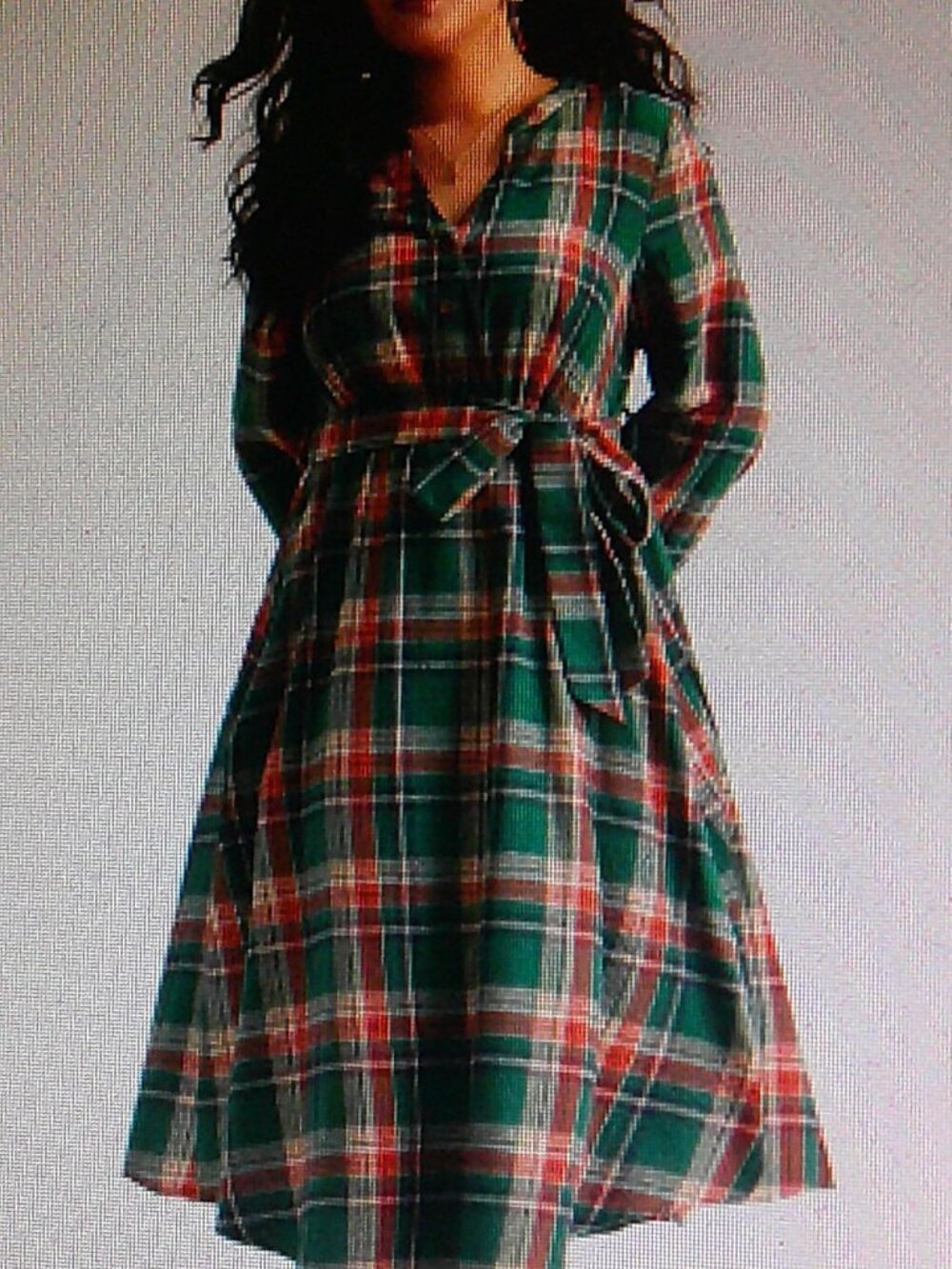 NEW "Bloomchic" Plaid Notched Belted Pocket Curved Hem Flannel Dress Woman Sz 26